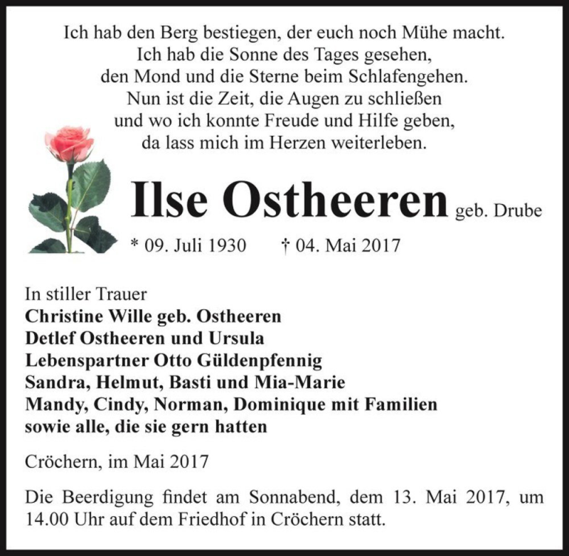  Traueranzeige für Ilse Ostheeren (geb. Drube)  vom 10.05.2017 aus Magdeburger Volksstimme