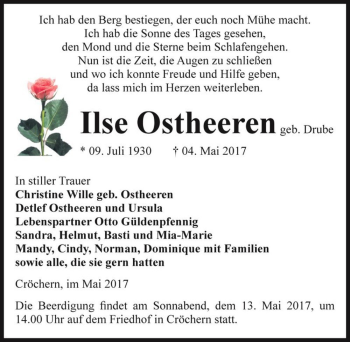 Traueranzeige von Ilse Ostheeren (geb. Drube)  von Magdeburger Volksstimme