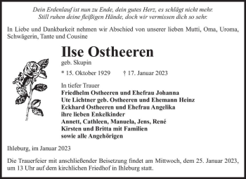 Traueranzeige von Ilse Ostheeren (geb. Skupin)  von Magdeburger Volksstimme