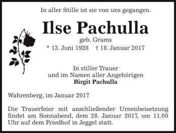 Traueranzeige von Ilse Pachulla (geb. Grams)  von Magdeburger Volksstimme