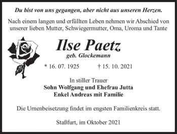 Traueranzeige von Ilse Paetz (geb. Glockemann)  von Magdeburger Volksstimme