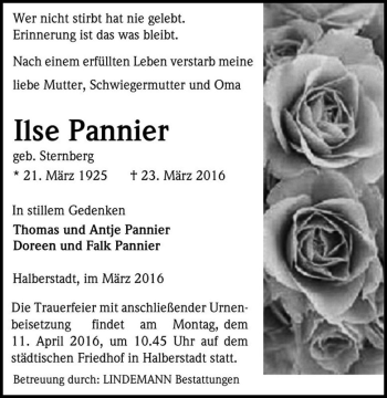 Traueranzeige von Ilse Pannier (geb. Sternberg)  von Magdeburger Volksstimme