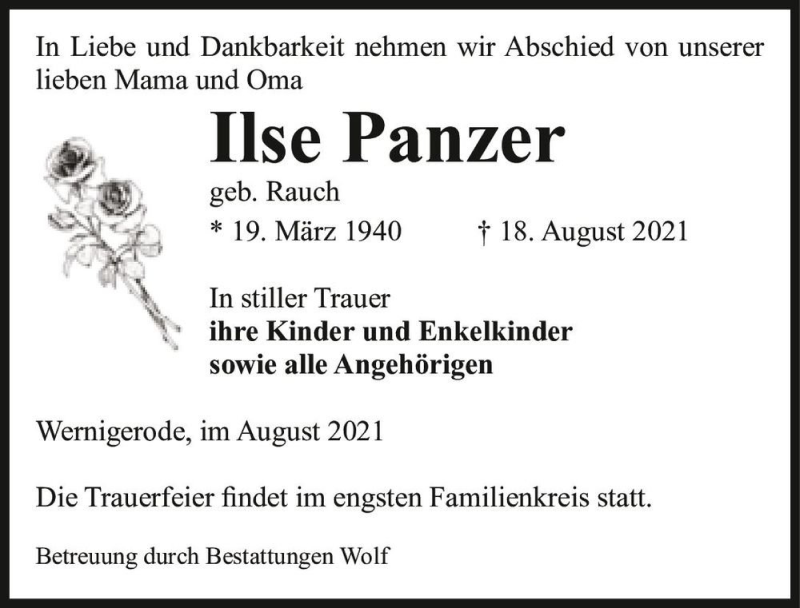  Traueranzeige für Ilse Panzer (geb. Rauch)  vom 28.08.2021 aus Magdeburger Volksstimme