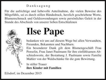 Traueranzeige von Ilse Pape  von Magdeburger Volksstimme