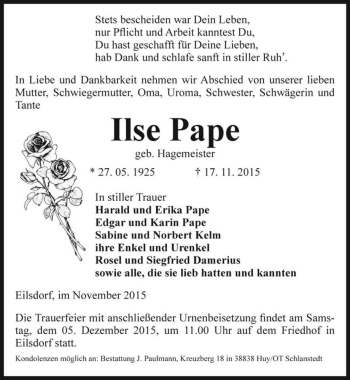Traueranzeige von Ilse Pape (geb. Hagemeister)  von Magdeburger Volksstimme