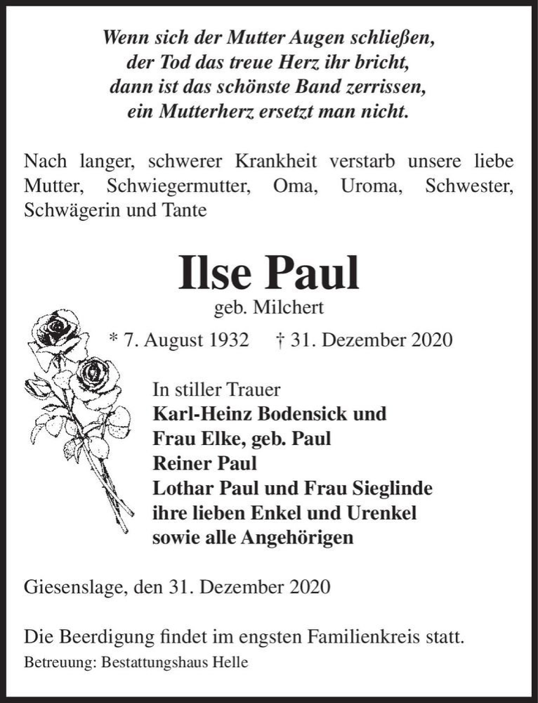  Traueranzeige für Ilse Paul (geb. Milchert)  vom 05.01.2021 aus Magdeburger Volksstimme