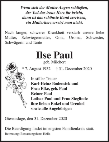 Traueranzeige von Ilse Paul (geb. Milchert)  von Magdeburger Volksstimme