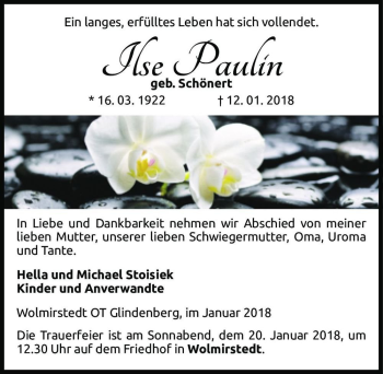 Traueranzeige von Ilse Paulin (geb. Schönert)  von Magdeburger Volksstimme