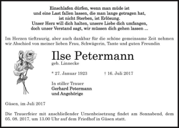 Traueranzeige von Ilse Petermann (geb. Linnecke)  von Magdeburger Volksstimme