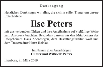 Traueranzeige von Ilse Peters  von Magdeburger Volksstimme