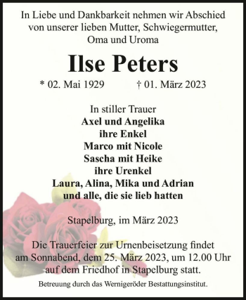Traueranzeige von Ilse Peters  von Magdeburger Volksstimme