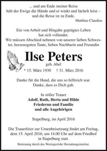 Traueranzeige von Ilse Peters (geb. Abel)  von Magdeburger Volksstimme