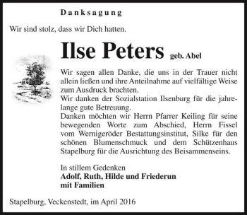 Traueranzeige von Ilse Peters (geb. Abel)  von Magdeburger Volksstimme