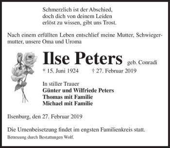 Traueranzeige von Ilse Peters (geb. Conradi)  von Magdeburger Volksstimme