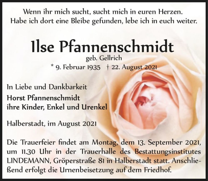  Traueranzeige für Ilse Pfannenschmidt (geb. Gellrich)  vom 28.08.2021 aus Magdeburger Volksstimme