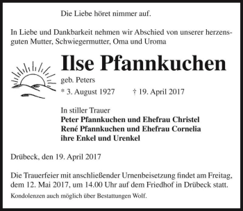 Traueranzeige von Ilse Pfannkuchen (geb. Peters)  von Magdeburger Volksstimme