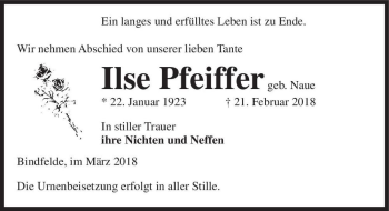 Traueranzeige von Ilse Pfeiffer (geb. Naue)  von Magdeburger Volksstimme