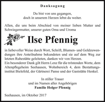 Traueranzeige von Ilse Pfennig  von Magdeburger Volksstimme