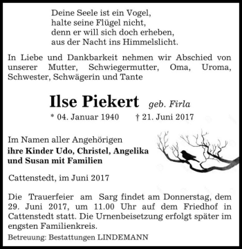 Traueranzeige von Ilse Piekert (geb. Firla)  von Magdeburger Volksstimme