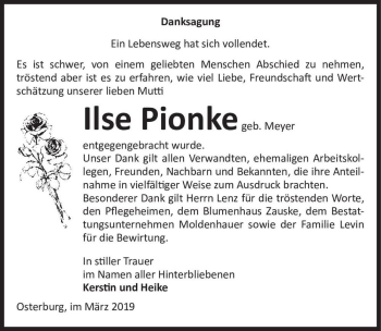 Traueranzeige von Ilse Pionke (geb. Meyer)  von Magdeburger Volksstimme