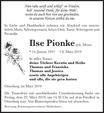 Traueranzeige von Ilse Pionke (geb. Meyer)  von Magdeburger Volksstimme