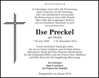 Traueranzeige von Ilse Preckel (geb. Mladek)  von Magdeburger Volksstimme