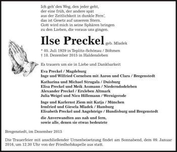 Traueranzeige von Ilse Preckel (geb. Mladek)  von Magdeburger Volksstimme