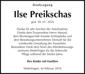 Traueranzeige von Ilse Preikschas  von Magdeburger Volksstimme