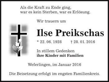 Traueranzeige von Ilse Preikschas  von Magdeburger Volksstimme