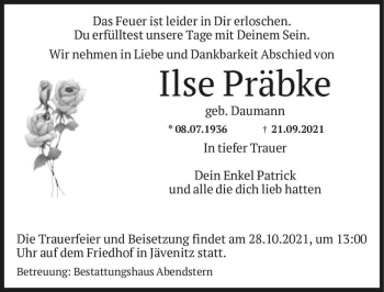 Traueranzeige von Ilse Präbke (geb. Daumann)  von Magdeburger Volksstimme