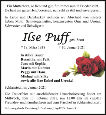 Traueranzeige von Ilse Puff (geb. Szott)  von Magdeburger Volksstimme