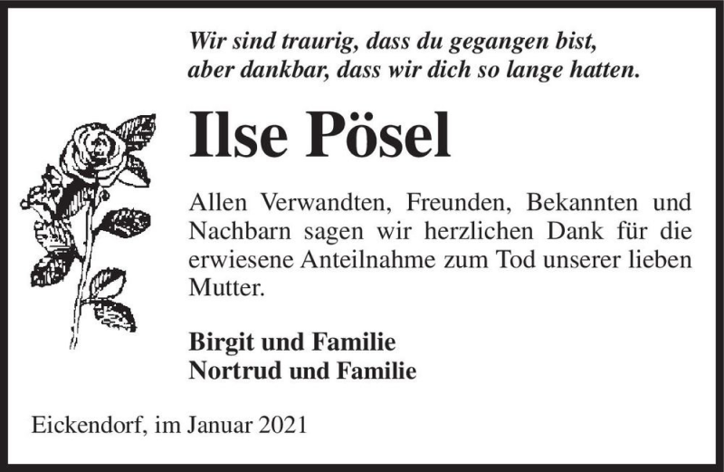  Traueranzeige für Ilse Pösel  vom 23.01.2021 aus Magdeburger Volksstimme
