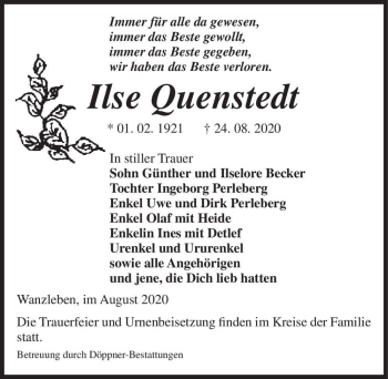 Traueranzeige von Ilse Quenstedt  von Magdeburger Volksstimme