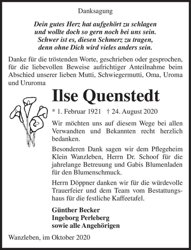  Traueranzeige für Ilse Quenstedt  vom 02.10.2020 aus Magdeburger Volksstimme