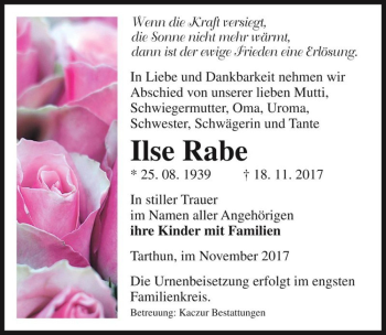 Traueranzeige von Ilse Rabe  von Magdeburger Volksstimme