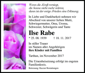 Traueranzeige von Ilse Rabe  von Magdeburger Volksstimme