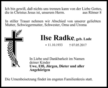 Traueranzeige von Ilse Radke (geb. Lade)  von Magdeburger Volksstimme