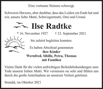 Traueranzeige von Ilse Radtke  von Magdeburger Volksstimme