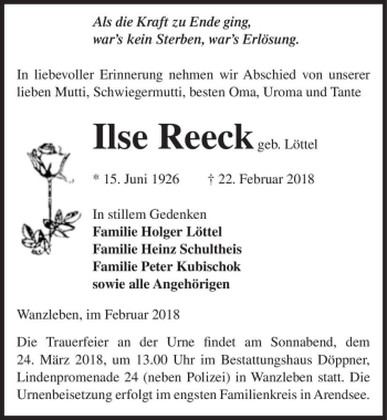 Traueranzeige von Ilse Reeck (geb. Löttel)  von Magdeburger Volksstimme