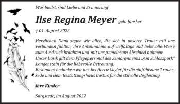 Traueranzeige von Ilse Regina Meyer (geb. Binsker)  von Magdeburger Volksstimme