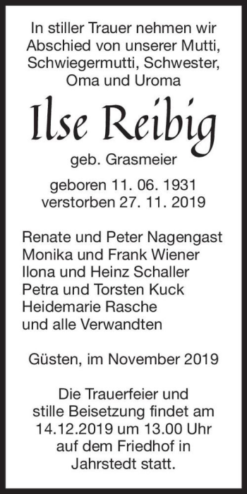 Traueranzeige von Ilse Reibig (geb. Grasmeier)  von Magdeburger Volksstimme