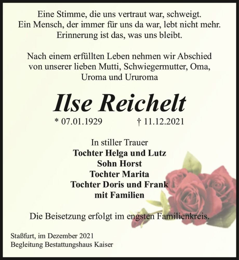  Traueranzeige für Ilse Reichelt  vom 18.12.2021 aus Magdeburger Volksstimme