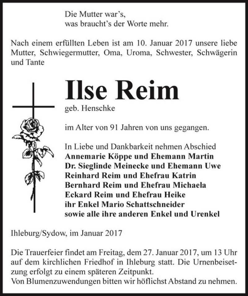  Traueranzeige für Ilse Reim (geb. Henschke)  vom 21.01.2017 aus Magdeburger Volksstimme