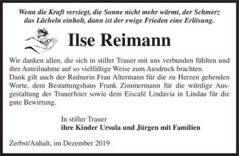 Traueranzeige von Ilse Reimann  von Magdeburger Volksstimme