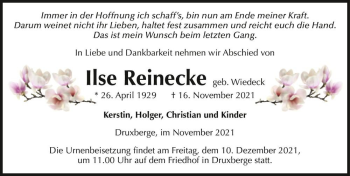 Traueranzeige von Ilse Reinecke (geb. Wiedeck)  von Magdeburger Volksstimme