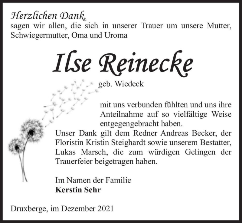  Traueranzeige für Ilse Reinecke (geb. Wiedeck)  vom 22.12.2021 aus Magdeburger Volksstimme
