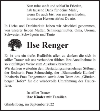 Traueranzeige von Ilse Renger  von Magdeburger Volksstimme