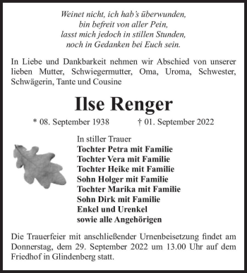 Traueranzeige von Ilse Renger  von Magdeburger Volksstimme
