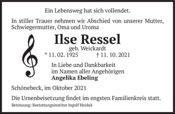 Traueranzeige von Ilse Ressel (geb. Weickardt)  von Magdeburger Volksstimme