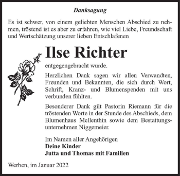 Traueranzeige von Ilse Richter  von Magdeburger Volksstimme